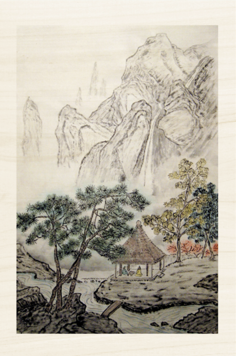 Hut by the Stream Wood Print (available in three sizes)